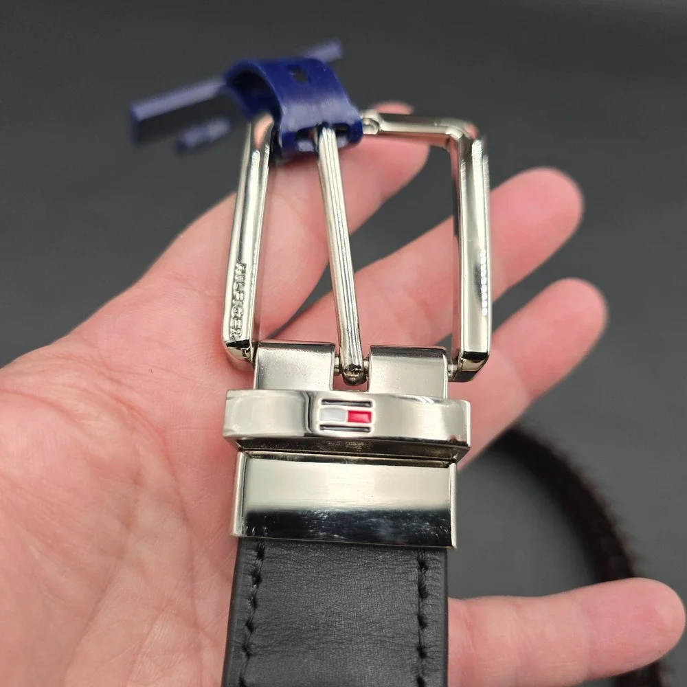 Tommy Hilfiger Mens Reversible Woven Belt Black Brown Leather Trim 11TL040002 SM